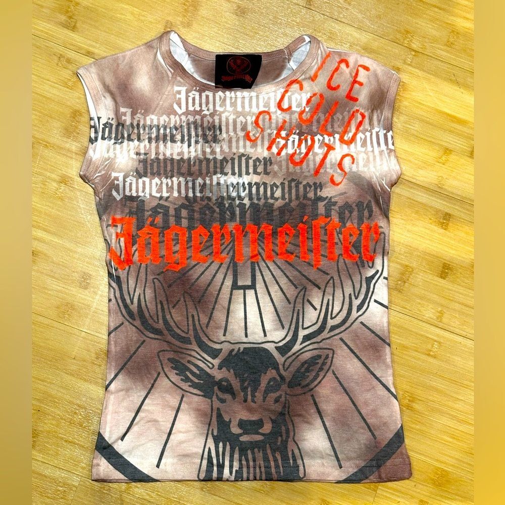 Vintage Jagermeister Sleeveless Top Y2K Ice Cold Shots Stag Graphic Brown Small - Picture 4 of 4